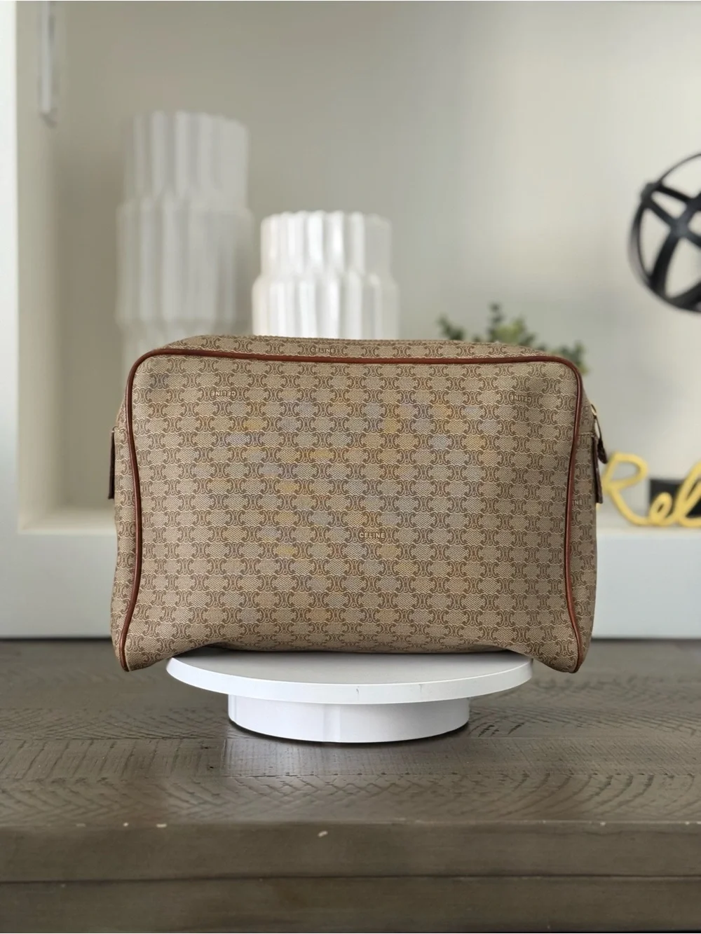 Celine Macadam Monogram Travel Pouch Cosmetic Case Clutch Beige Brown-Vintage
